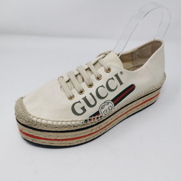 Gucci Canvas Logo Lace-up Wedge Espadrille Platform Shoes - Picture 5 of 13